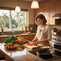 Caregiver cooking healthy meal in bright kitchen