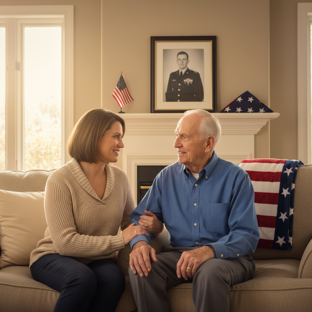 Caregiver with veteran, military uniform photo in background