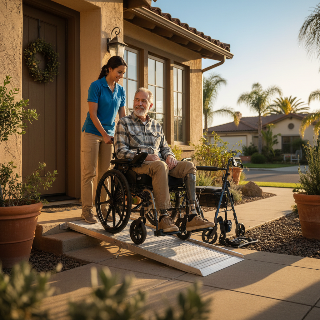 Caregiver assisting veteran with wheelchair ramp