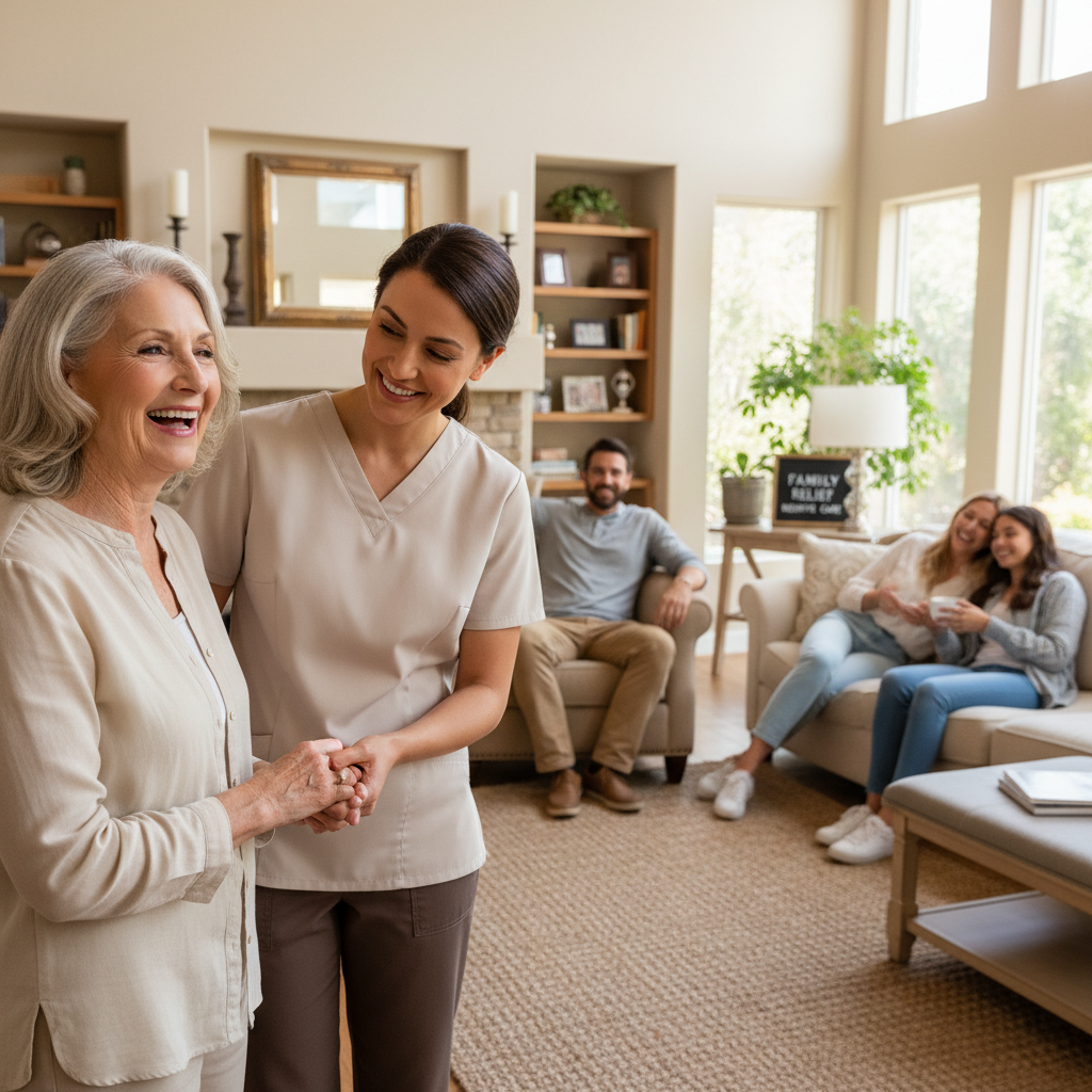 Happy senior with caregiver, family relaxing in background