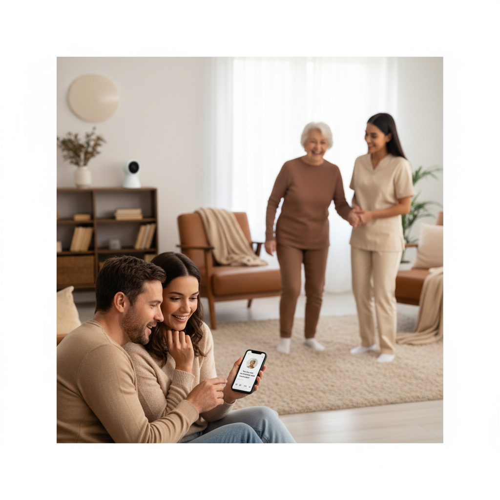 Family receiving care update notification with senior safe at home