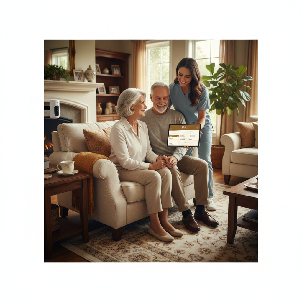 Happy senior couple with live-in caregiver and family portal on tablet