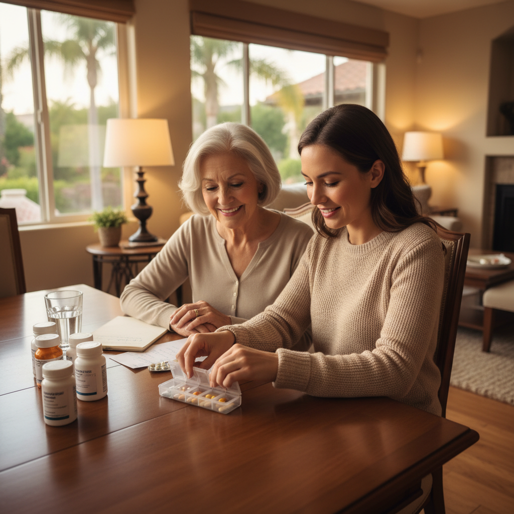 Caregiver organizing pill box with senior