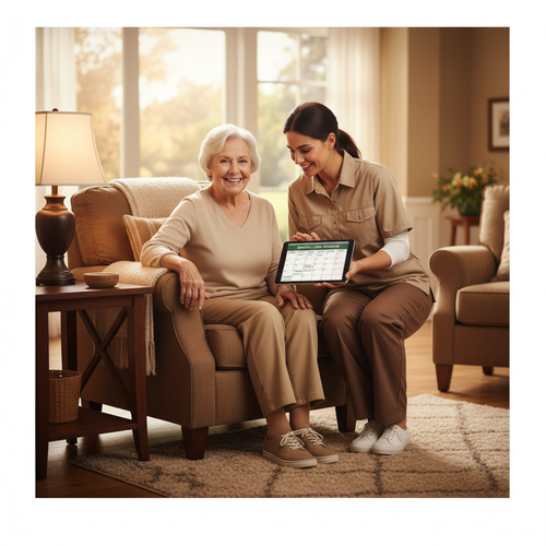 Senior smiling with caregiver reviewing weekly care schedule