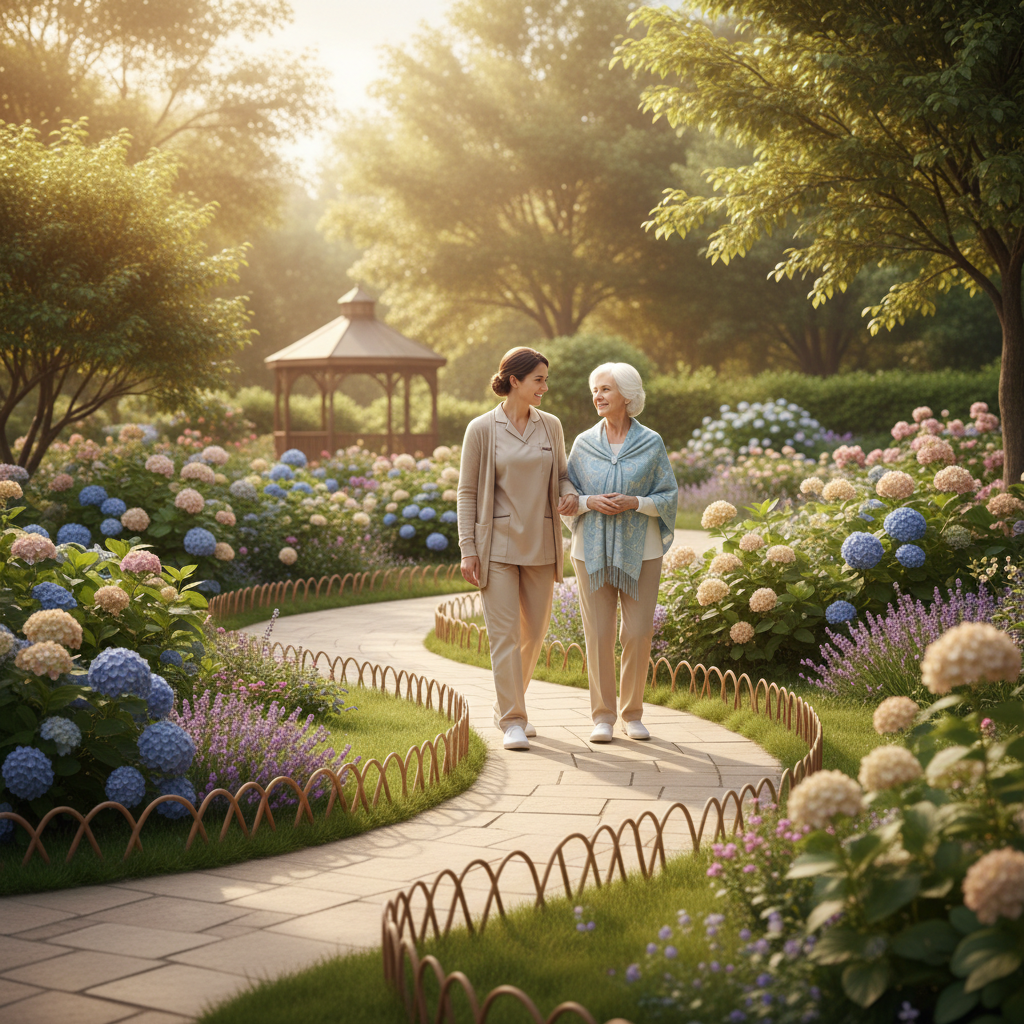 Caregiver walking with senior in safe garden