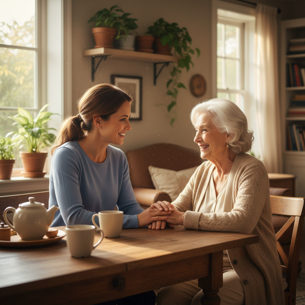 Friendly caregiver chatting with senior at kitchen table