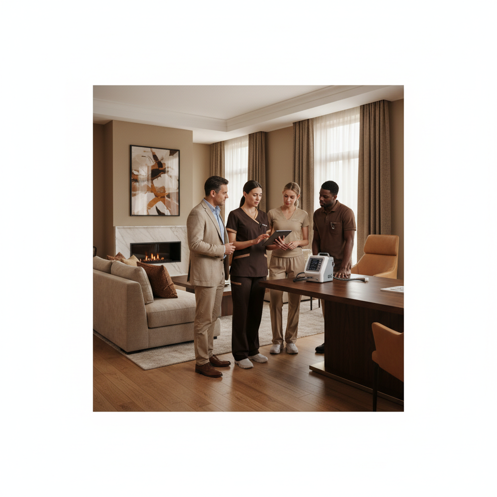 Nurse reviewing medical chart with caregiver team in modern home
