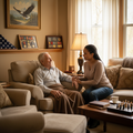 Veteran relaxing with caregiver, military medals visible