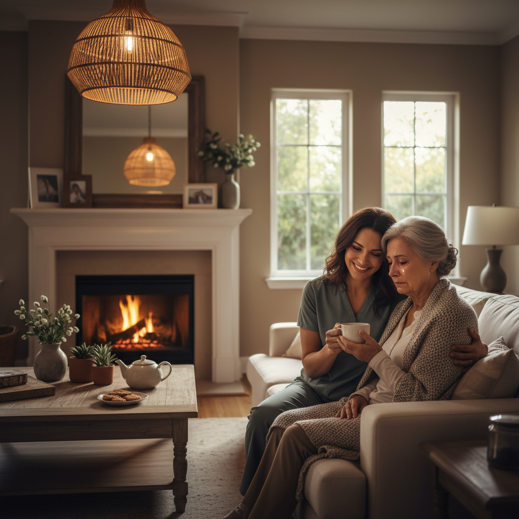 Caregiver comforting senior with tea in cozy living room