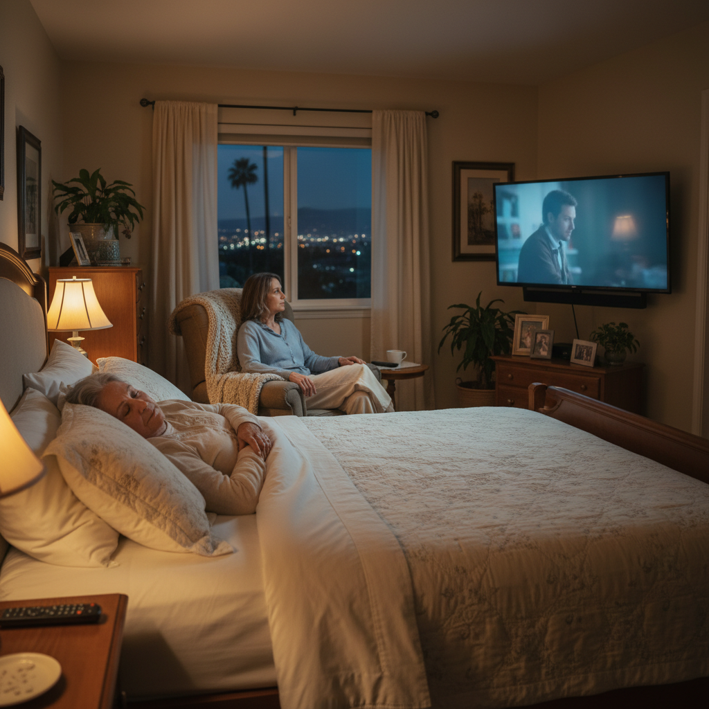 Peaceful senior sleeping with caregiver watching nearby