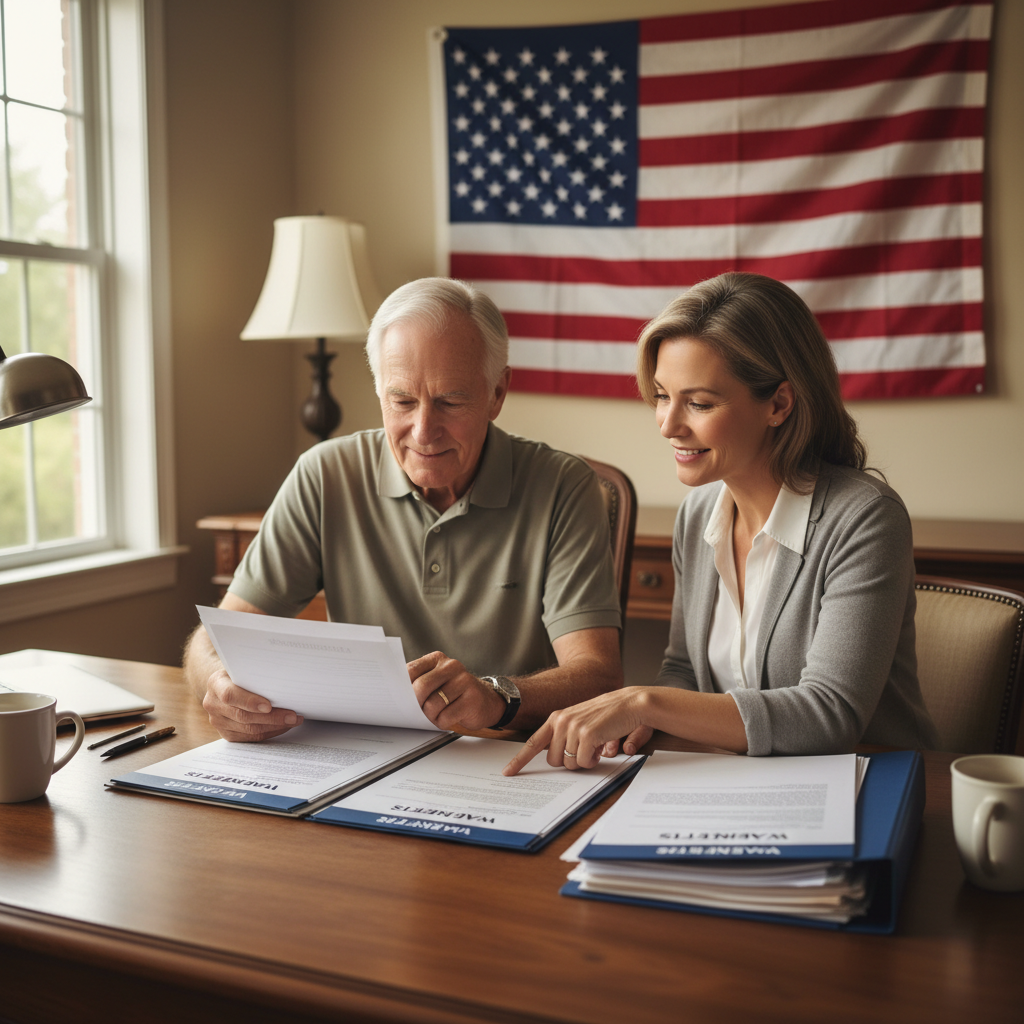 Senior veteran with paperwork and American flag