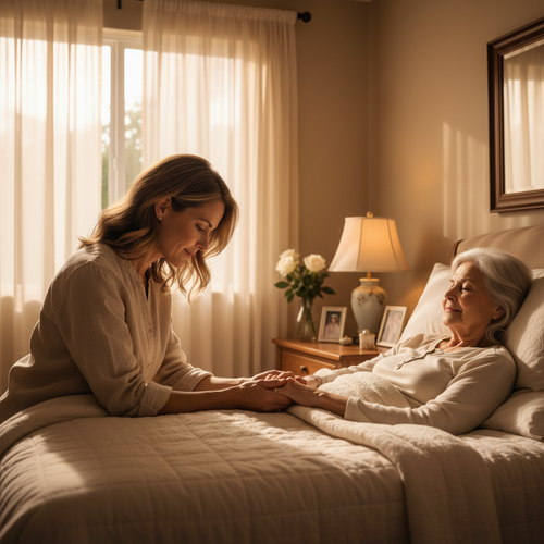 Caregiver holding elderly hand in soft bedroom lighting