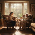 Caregiver reading to senior by window with sunlight