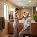 Caregiver helping senior with grooming in bathroom